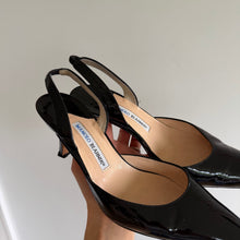 Load image into Gallery viewer, Manolo Blahnik Patent Leather Pointed-Toe Slingback Pumps Black 39.5