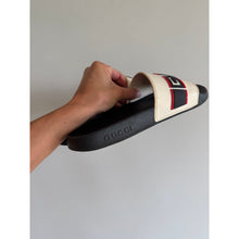 Load image into Gallery viewer, Gucci Stripe Designer Slip On Rubber Slide Sandals + Dustbags Ecru 6.5