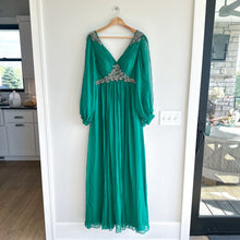 Load image into Gallery viewer, Teri Jon by Rickie Freeman Crystal Embellished Pleated Maxi Gown Green 10