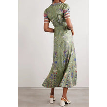 Load image into Gallery viewer, Saloni Lea Silk Floral Print Jacquard V-Neck Puff Sleeve Midi Dress Green 10