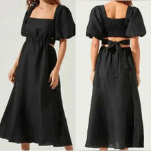 Load image into Gallery viewer, ASTR The Label Angeles Puff Sleeve Cutout Linen Dress Black S NWT
