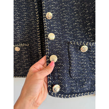 Load image into Gallery viewer, White House Black Market Glam Tweed Cropped Stylist Jacket Blue Gold XS