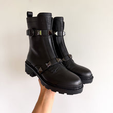 Load image into Gallery viewer, Valentino Garavani Rockstud Buckle Leather Slip-On Zipper Combat Boots Black NEW