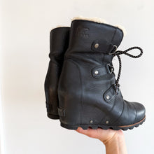 Load image into Gallery viewer, Sorel Joan of Arctic Wedge Shearling Waterproof Lace Up Snow Boots Black 9
