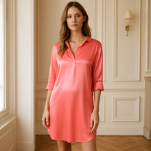 Load image into Gallery viewer, Coastal Bloom Satin V-Neck Italian Dress Coral Pink NWT