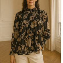 Load image into Gallery viewer, Mystree Smocked Floral Blouse Black Tan M NWT