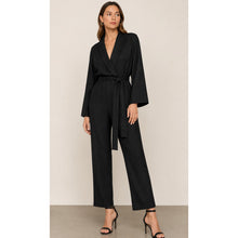Load image into Gallery viewer, BCBGMaxAzria Jacquard Floral Belted Long Sleeve Jumpsuit Black XS