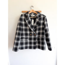 Load image into Gallery viewer, Commense Double-Breasted Metal Button Plaid Tweed Blazer Skirt Set Black M NWT