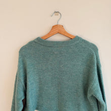 Load image into Gallery viewer, Cinq à Sept Ruffles Lace Hem Crew Neck Pullover Sweater Turquoise XS