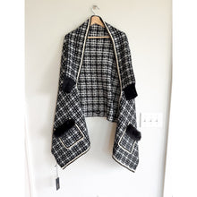 Load image into Gallery viewer, Mitchie's Tweed Knitted Gold Detail Pockets Fox Trim Wrap Black White OS NWT