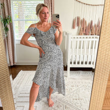 Load image into Gallery viewer, BCX Printed Short Sleeve Cold Shoulder Tea-Length Dress Black White S