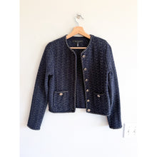 Load image into Gallery viewer, White House Black Market Glam Tweed Cropped Stylist Jacket Blue Gold XS
