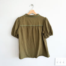 Load image into Gallery viewer, Prettygarden Button Front Puff Sleeve Cotton Casual Blouse Green S