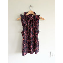 Load image into Gallery viewer, FRAME Silk Floral Pattern Ruffles Trim Mock Neck Sleeveless Top Black Red S