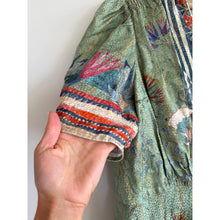 Load image into Gallery viewer, Saloni Lea Silk Floral Print Jacquard V-Neck Puff Sleeve Midi Dress Green 10