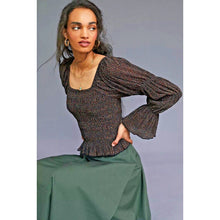 Load image into Gallery viewer, Anthropologie Bishop Smocked Metallic Shimmer Bell Sleeve Cropped Blouse Brown M