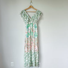 Load image into Gallery viewer, Revolve House of Harlow Zhuri Floral V-Neck Lace Trim Tiered Maxi Dress Green XS