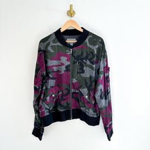 Load image into Gallery viewer, Anthropologie Marrakech Satin Camo Print Zip Up Bomber Jacket Purple/Black L