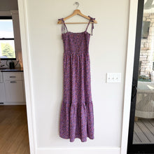 Load image into Gallery viewer, Buddy Love Edie Tie Shoulder Floral Print Smocked Tiered Maxi Dress Purple S