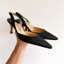Load image into Gallery viewer, Manolo Blahnik Carolyne Glitter Pointed Toe Slingback Heels Black 8.5