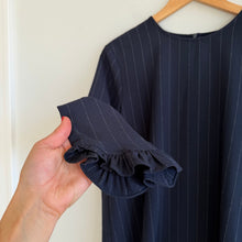 Load image into Gallery viewer, GANNI Clark Bateau Neckline Striped Ruffle Trim Long Sleeve Dress Navy White 42