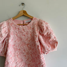 Load image into Gallery viewer, Endless Rose Floral Jacquard Crew Neck Puff Sleeve Blouse Pink S