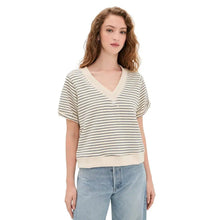 Load image into Gallery viewer, Perfectwhitetee French Terry Striped V-Neck Short Sleeve T-Shirt Cream Blue M