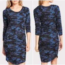 Load image into Gallery viewer, Sundry Camo Print 3/4 Sleeve Knee Length Round Neck Sweater Dress Blue/Black 2