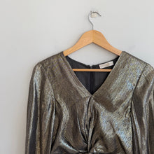 Load image into Gallery viewer, Ramy Brook Elise Metallic Twist Front Long Sleeve V-Neck Mini Dress Gold S