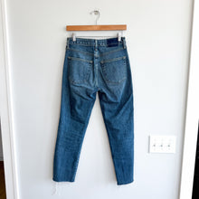 Load image into Gallery viewer, AMO High Rise Straight Leg Raw Hemline Ankle Jeans Blue 27