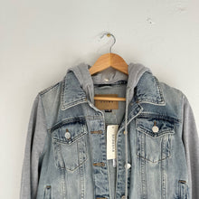 Load image into Gallery viewer, Blank NYC Hooded Fury Button Front Light Denim Jacket Blue/Gray M