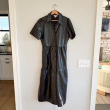 Load image into Gallery viewer, Evereve Elliott Faux Leather Button Front Collared Tiered Midi Dress Black S