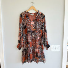 Load image into Gallery viewer, Hayden Paisley Patch Print Ruffle Neck Chiffon Tiered Mini Dress Brown S