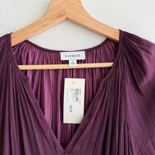 Load image into Gallery viewer, Evereve Layla Satin Pleated Ruffles Long Sleeve V-Neck Midi Dress Plum L NWT