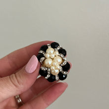 Load image into Gallery viewer, Vintage Faux Pearl Cluster Black Beaded Rhinestone Clip-On Earrings