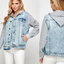 Load image into Gallery viewer, Blank NYC Hooded Fury Button Front Light Denim Jacket Blue/Gray M