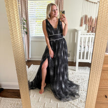 Load image into Gallery viewer, BASIX Black Label V-Neck Fit Flare Tulle Gown Black Silver
