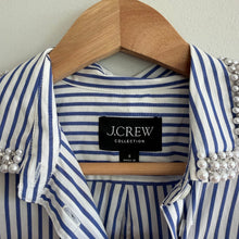 Load image into Gallery viewer, J. Crew Pearl Embellished Short Sleeve Striped Cropped Blouse Blue White 0