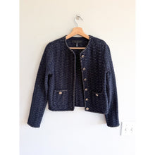 Load image into Gallery viewer, White House Black Market Glam Tweed Cropped Stylist Jacket Blue Gold XS