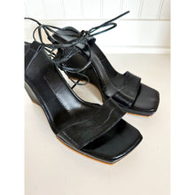 Load image into Gallery viewer, Donna Piu Leather Wrap Ankle Tie Open Toe Wedge Sandals Black $250
