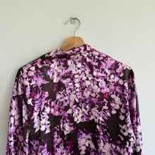Load image into Gallery viewer, ESCADA Neiman Marcus Silk Floral Print Button Down Shoulder Pad Shirt Purple 34