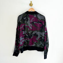 Load image into Gallery viewer, Anthropologie Marrakech Satin Camo Print Zip Up Bomber Jacket Purple/Black L