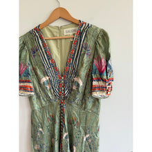 Load image into Gallery viewer, Saloni Lea Silk Floral Print Jacquard V-Neck Puff Sleeve Midi Dress Green 10