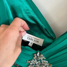 Load image into Gallery viewer, Teri Jon by Rickie Freeman Crystal Embellished Pleated Maxi Gown Green 10