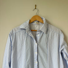 Load image into Gallery viewer, Lalavon Striped Long Sleeve Button Front Mini Shirt Dress Blue L