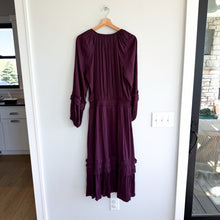 Load image into Gallery viewer, Evereve Layla Satin Pleated Ruffles Long Sleeve V-Neck Midi Dress Plum L NWT