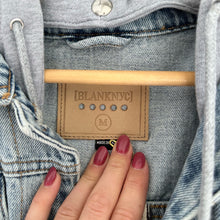 Load image into Gallery viewer, Blank NYC Hooded Fury Button Front Light Denim Jacket Blue/Gray M