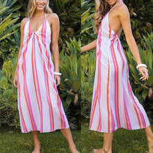 Load image into Gallery viewer, Trina Turk Sweet Striped Midi Ring Halter Swimsuit Cover Up Dress Pink S NWT