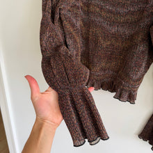 Load image into Gallery viewer, Anthropologie Bishop Smocked Metallic Shimmer Bell Sleeve Cropped Blouse Brown M