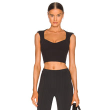 Load image into Gallery viewer, Alo Ribbed Sweetheart Short Sleeve Cropped Top Black M NWT